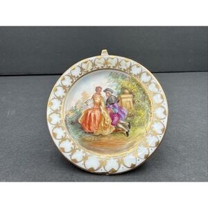 Antique Mini Porcelain Victorian Courting Couple Limoges Plate with Stand